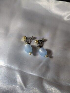 Vintage Silver Tone Milky Blue Glass & Faux Pearl Dangle Drop Screw Back Earring